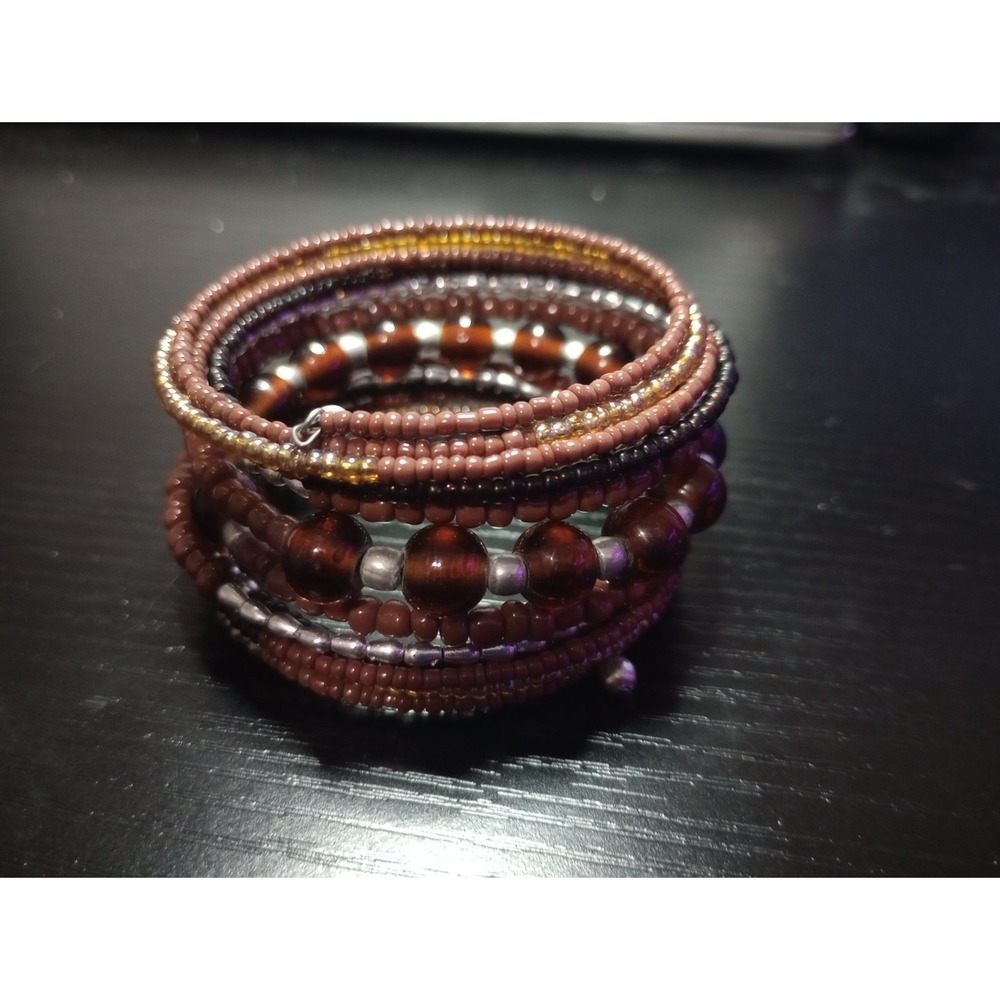 Vintage‎ Brown And Silver Beaded Memory Wire Bracelet
